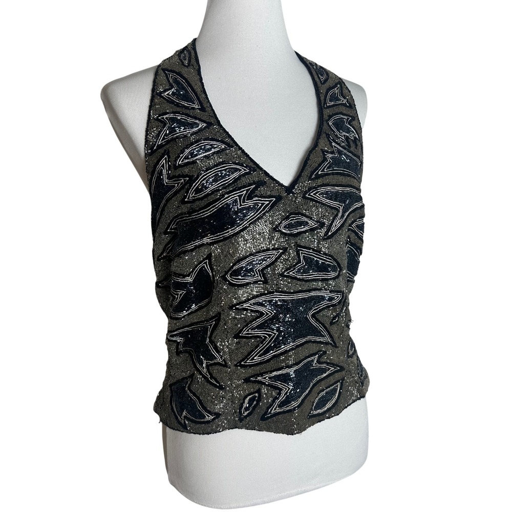 Newport News Easy Style Beaded Halter Top Black Silver Geometric Glam Womens 16